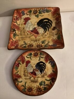 Set of 2 Maxcera Fall Rooster hand painted ceramic plates